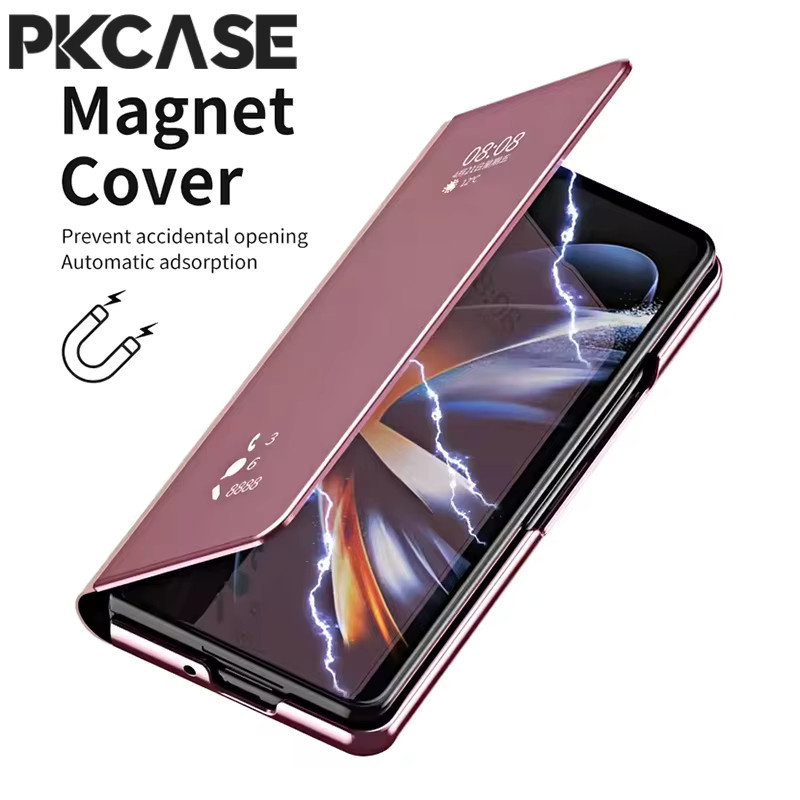 PKCASE Smart Mirror Flip Handyhülle aus Leder für Samsung Galaxy Z Fold 8 Z Fold 7 Z Fold 6 Z Fold 5 Z Fold 4 Z Fold 3 5G in Gold und Pink - Bild 3