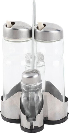 mfySpace Gewürzflaschen-Set aus Glas und Edelstahl in Silber mit Öl-Essig-Spender, Salz- und Pfefferstreuer sowie Gewürzregal