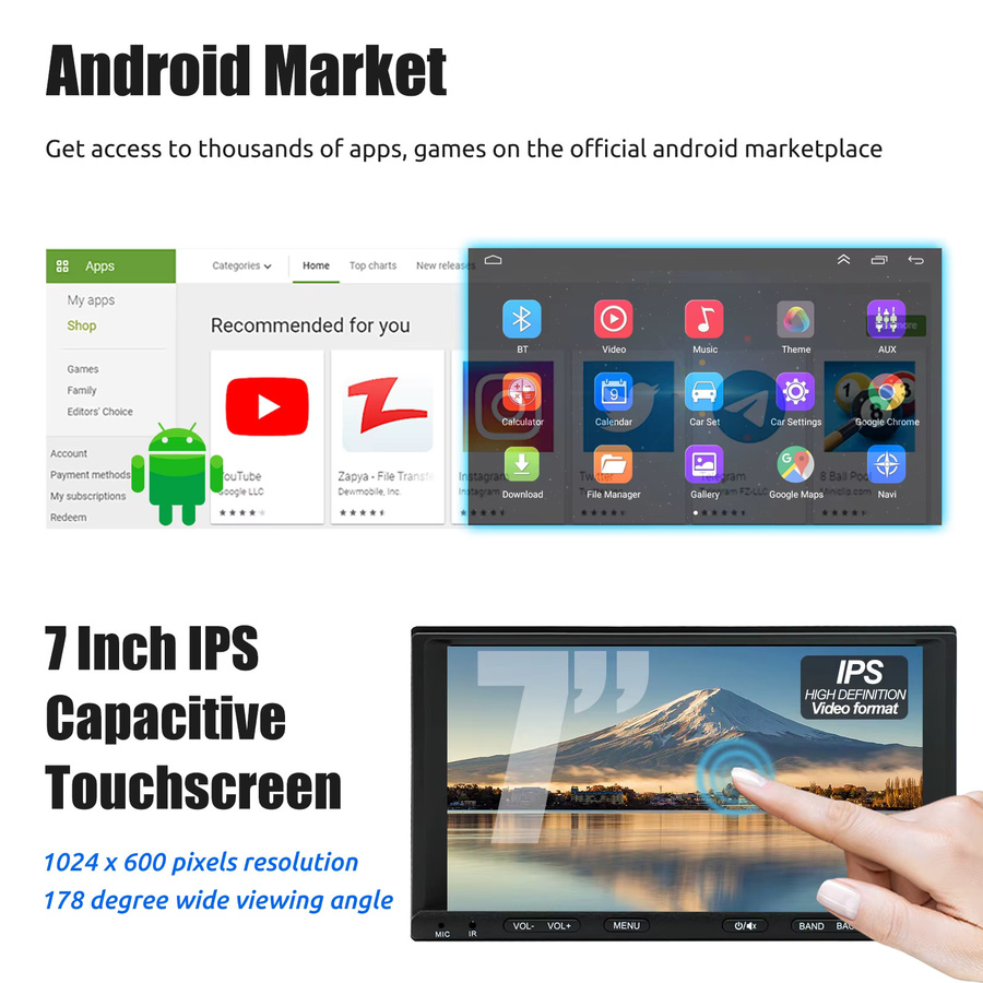 ESSGOO Android 15 Autoradio mit 7 Zoll Touchscreen, 2 DIN, Schwarz, kabelloses CarPlay und Android Auto, GPS, WLAN, Bluetooth, USB Typ-C und Lenkradsteuerung - Bild 2