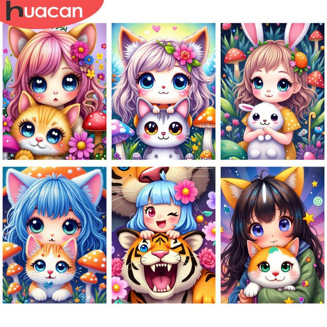 HUACAN Diamantmalerei Set mit niedlicher Katze und Blumen, 5D DIY Kunst Mosaik mit bunten Strasssteinen, B/H: 20 x 30 cm - Bild 1