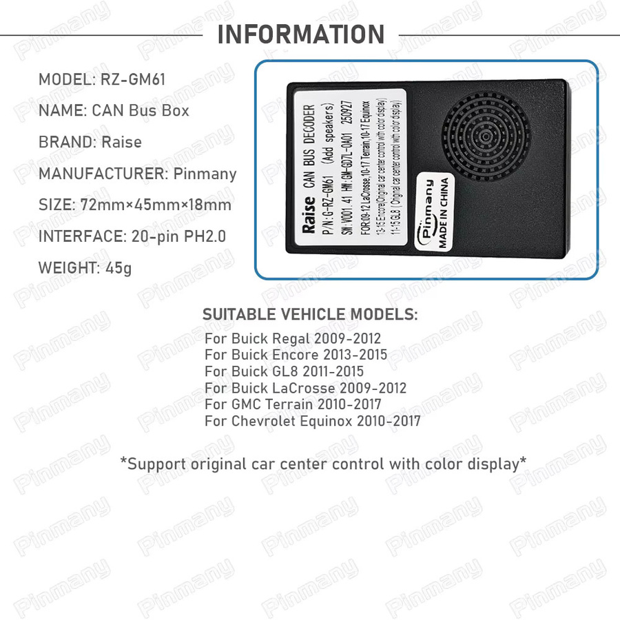 pinmany Auto-Radio CAN-Bus-Decoder G-RZ-GM61 Black Box für Chevrolet Equinox, GMC Terrain und Buick Regal Encore GL8 LaCrosse, Schwarz - Bild 2