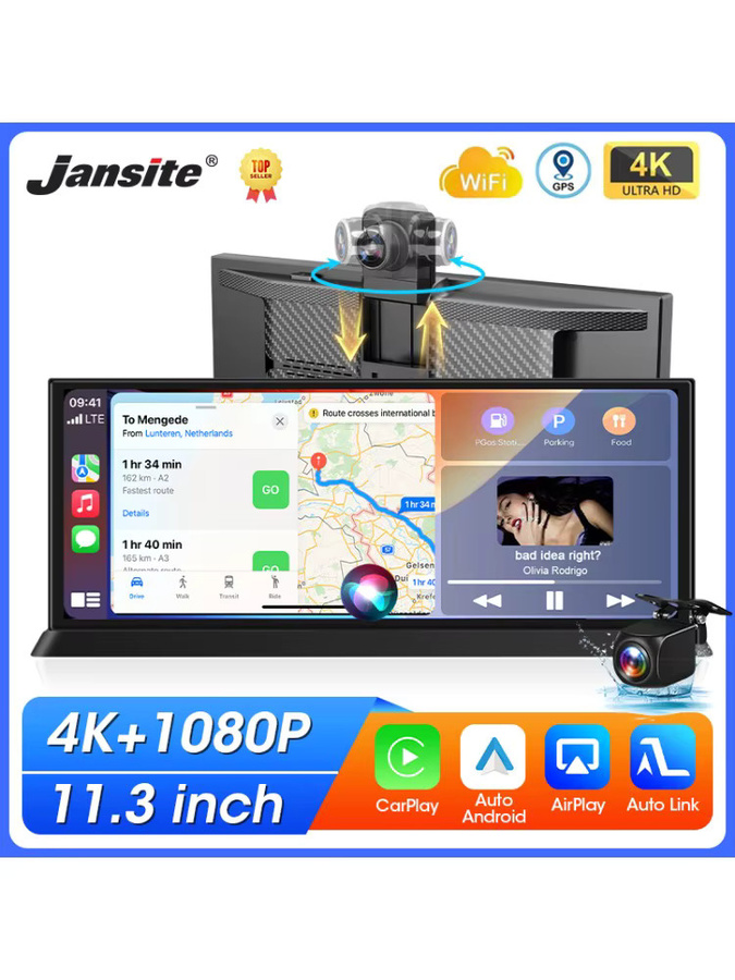Jansite 4K Dash Cam mit 11,3 Zoll Display, 360 Grad rotierbarer Kamera, Wireless CarPlay, Android Auto und Bluetooth in Schwarz - Bild 6
