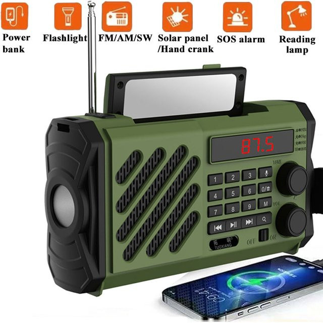 JINSERTA Tragbares Notfallradio in Grün mit Handkurbel und Solarladefunktion, Bluetooth-Lautsprecher, FM/AM/SW-Empfang sowie USB- und TF-Rekorderfunktion - Bild 1