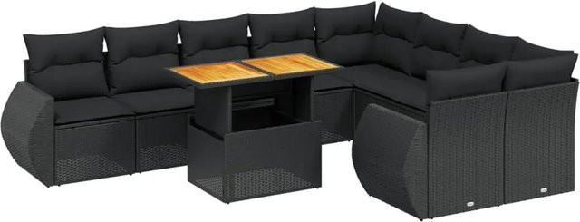 vidaXL 10-tlg. Garten-Sofagarnitur in L-Form aus Poly-Rattan und Akazienholz mit Kissen, Schwarz - Bild 1