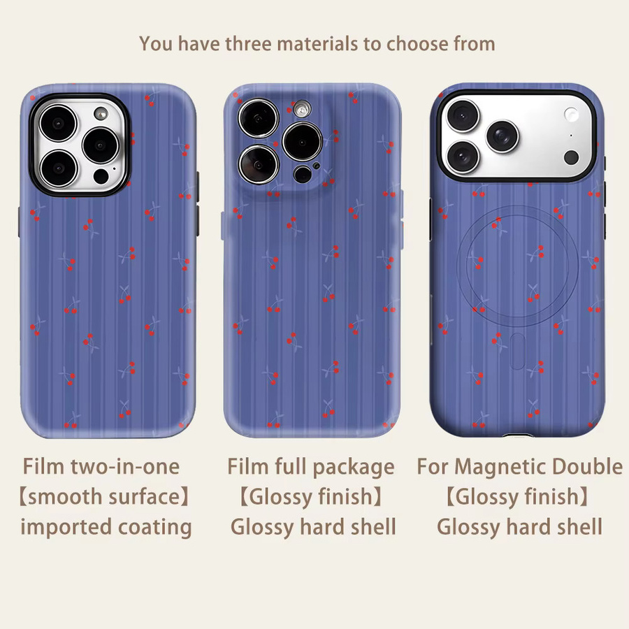 Potdemiel Handyhülle mit Kirschstreifen für iPhone 17 16 15 14 13 Pro Max Plus, Blau/Rot, robuste doppelschichtige Hülle mit Magnetfunktion - Bild 2