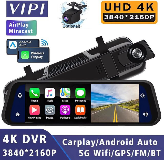 MYOLSD 4K UHD Dash Cam mit Dual-Linse, CarPlay und Android Auto, GPS, 5G WiFi, Bluetooth und FM-Transmitter, Schwarz - Bild 1