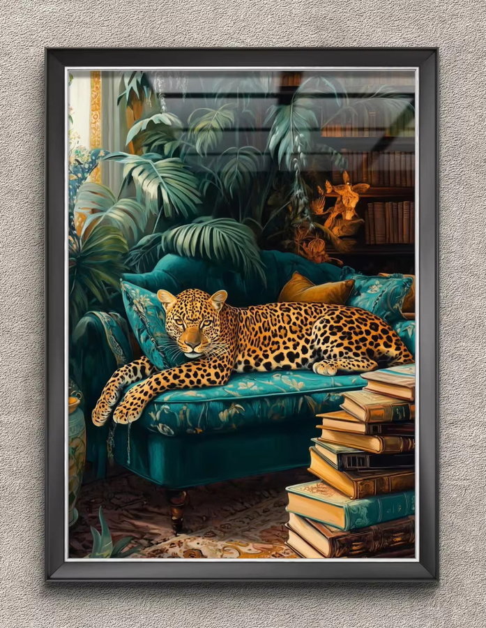 Potdemiel Wandkunst Schläfriger Leopard in Smaragdgrün – Boho Dschungel Wandbild mit Tiermotiv und Naturmotiven - Bild 4