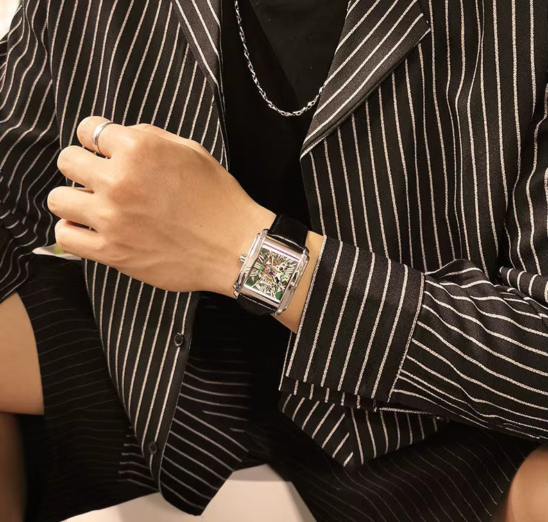 CHENXI Armbanduhr, Automatik, eckig, Edelstahl, Leder, Schwarz, Herren - Bild 2