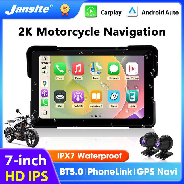 Jansite Motorrad-Carplay-Bildschirm mit GPS-Navigation, kabellosem Carplay und Android Auto, Dual-Bluetooth, IPX7 wasserdicht, Schwarz, 5/7 Zoll - Bild 1