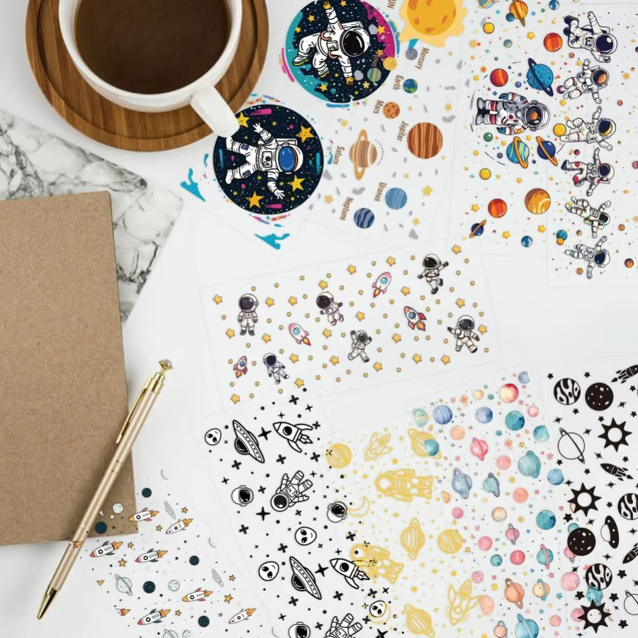 10 Blatt UV DTF Cup Wraps mit Weltraum-Motiv für 16oz Gläser, Astronauten und Galaxie, bunte Transferaufkleber aus PVC - Bild 2