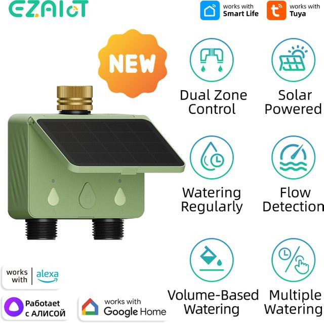 EZAIOT Smarter Bewässerungstimer Tuya WiFi mit Solarenergie für 2-Zonen Gartenbewässerung und automatische Tropfbewässerung, Grün - Bild 1