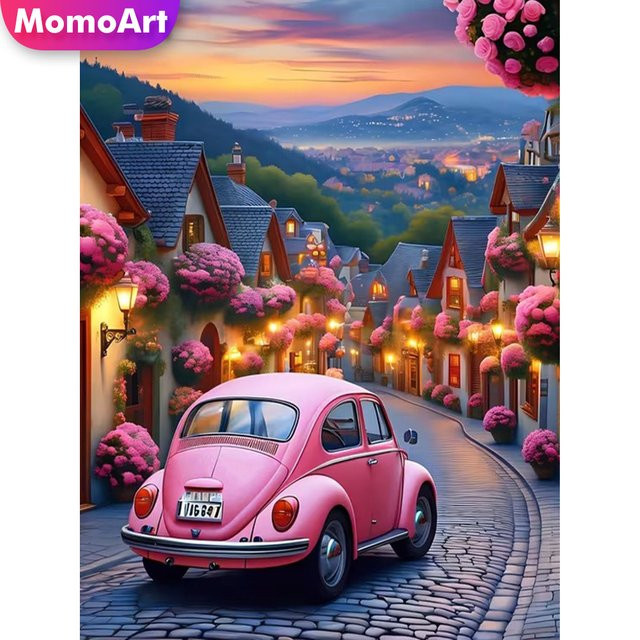 Momoart DIY Diamant-Stickerei Straßenlandschaft mit Auto-Motiv als Kreuzstich-Mosaik in Multicolour, B/H/T: 20 x 30 x 2 cm - Bild 1