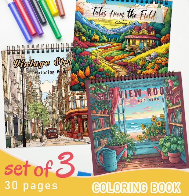 3er Set Malbücher mit Cartoon-Landschaftsdesigns, 30 Seiten pro Buch, spiralförmig gebunden, Mehrfarbig - Bild 1