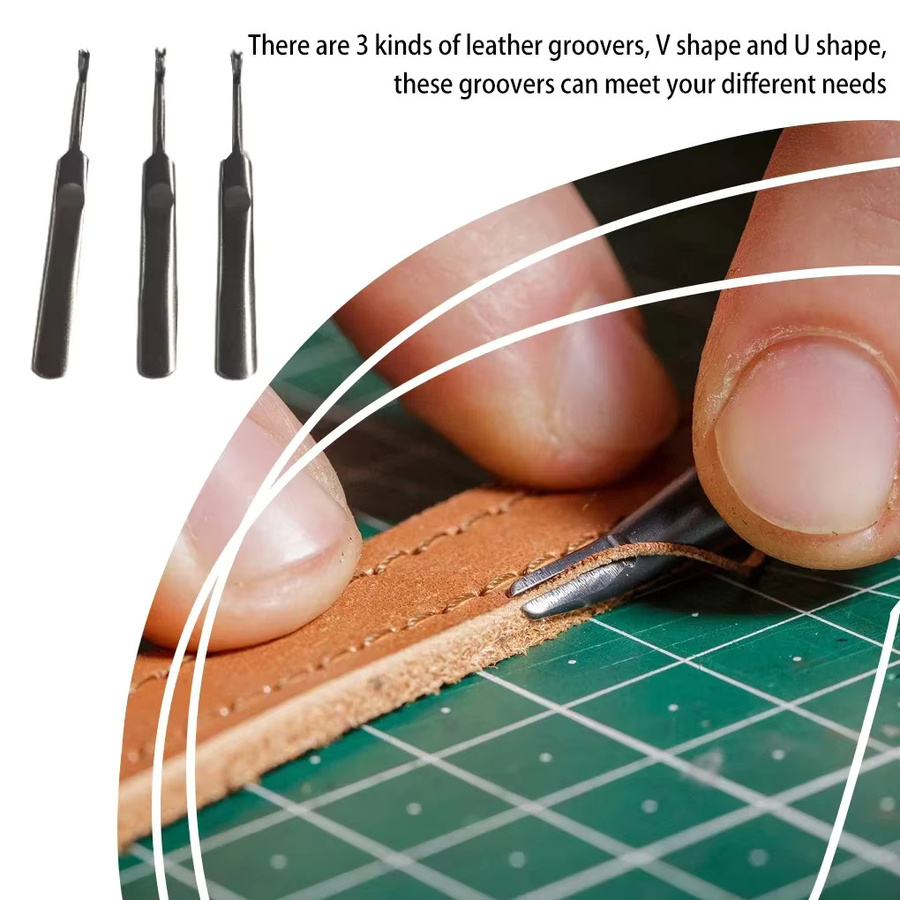 Professionelles Lederbearbeitungswerkzeug aus Edelstahl mit 3 Rillen und U/V-Klingen in Silber für Handnaht, Gürtelherstellung und Bastelprojekte - Bild 2