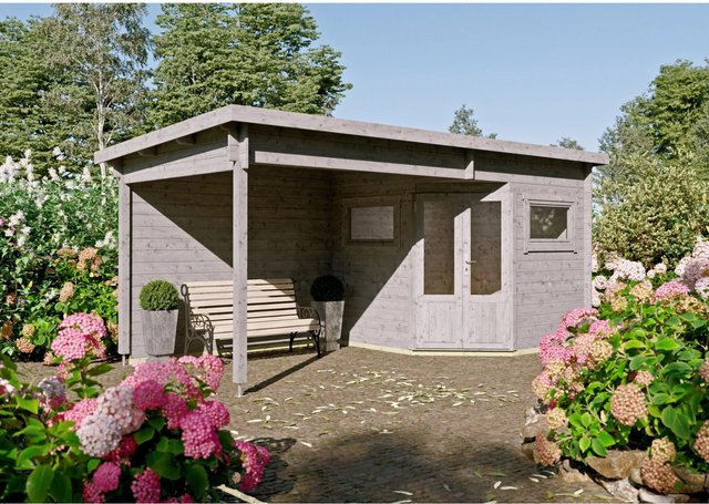 Fjordholz Gartenhaus Modell Leva 2C als 5-Eck aus imprägniertem Holz in Grau mit Fenstern und Schloss - Bild 1