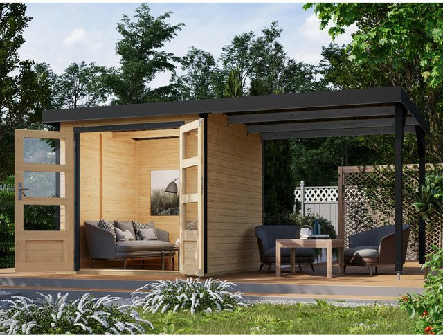 Karibu Gartenhaus Set Ernesto A in Anthrazit mit Anbaudach aus Fichtenholz und Metall mit 4,45 m² - Bild 1