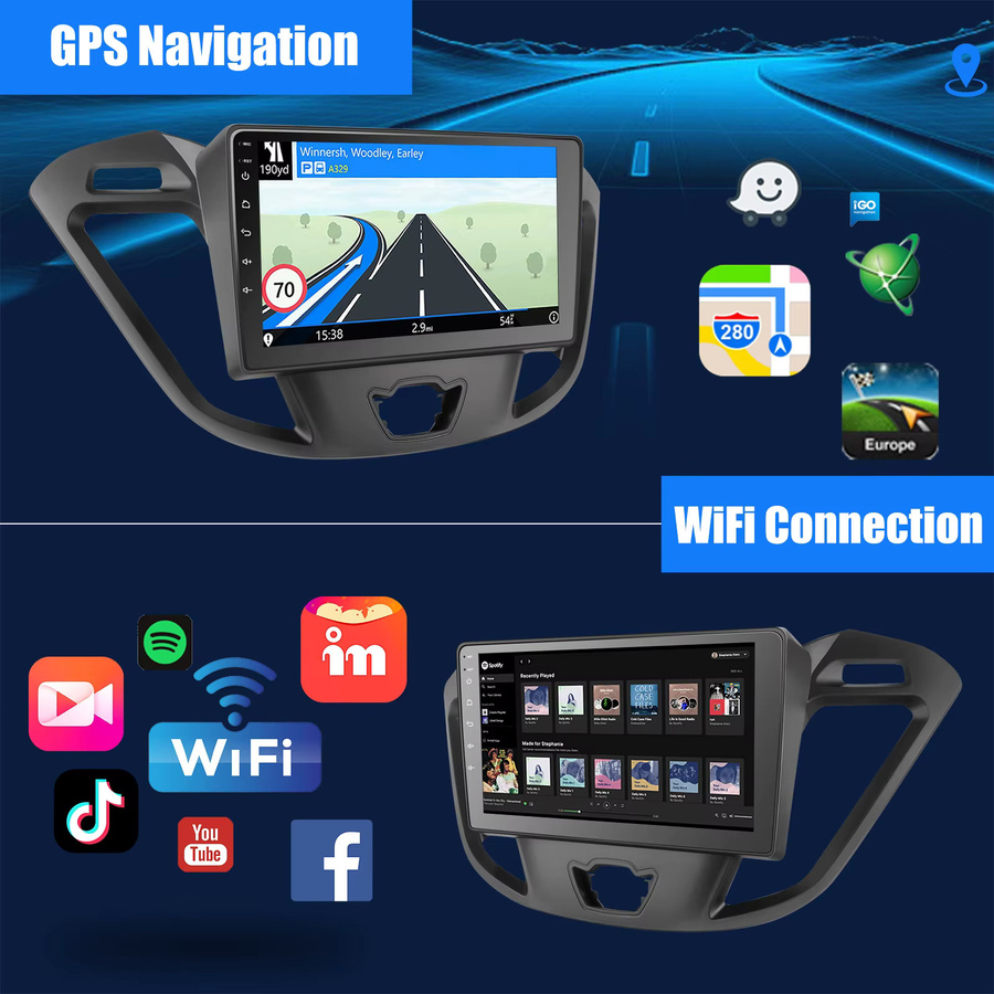 ESSGOO Android 14 Autoradio mit 9 Zoll Touchscreen, 4+64GB, Kabelloses Carplay und Android Auto, GPS, Wifi, Bluetooth, für Ford Transit Custom 2012-2021, Schwarz - Bild 3