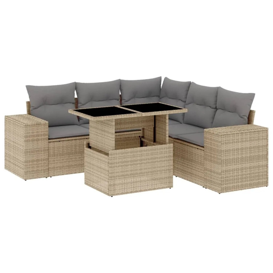 vidaXL 6-tlg Garten-Sofagarnitur in L-Form aus beige farbenem Poly-Rattan mit Kissen und pulverbeschichtetem Stahlgestell - Bild 2