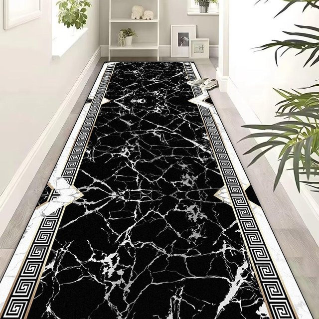 Karpetti Flur Teppich Schwarzgold, Rutschfester Gangläufer mit geometrischem Design, B: 80 cm, L: 400 cm - Bild 1
