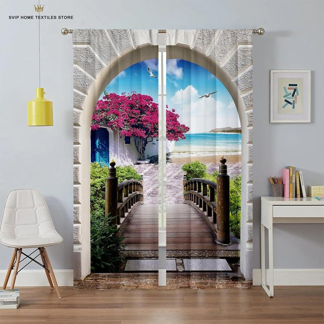 2er-Set 3D-Druck Fenster Vorhänge mit Himmelsdruck, halbtransparent, Polyester, Mehrfarbig, B: 50 cm, H: 130 cm - Bild 1