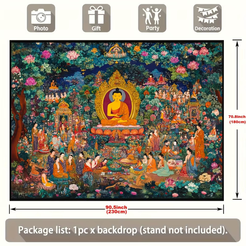 VIKAMA Pure Land Wandteppich im tibetischen Thangka-Stil, bunter Buddha-Wandbehang mit floralem Design für dein Wohnzimmer oder Yoga-Studio - Bild 2