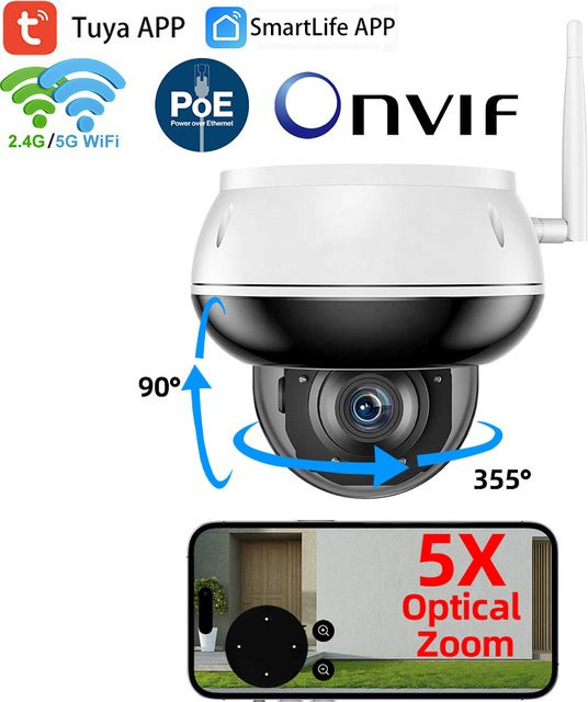 REHENTINT Tuya WiFi POE Onvif PTZ Outdoor Überwachungskamera mit 5MP Auflösung, 5X optischem Zoom, Motion Tracking und IR Audio in Weiß - Bild 1