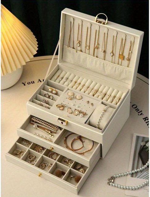 Schmuckaufbewahrungsbox aus Leder mit 3 Ebenen für Ohrringe, Ringe, Uhren, Halsketten und Armbänder mit großem Fassungsvermögen und Oxidationsschutz - Bild 1