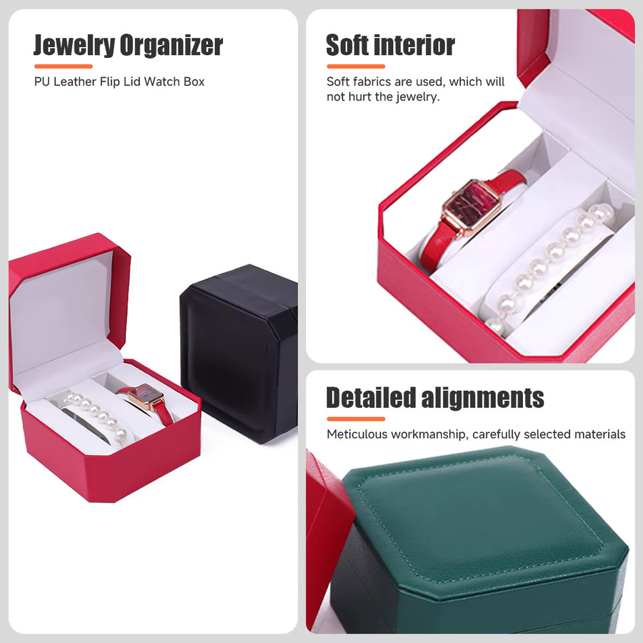 CAOWTAN Uhrenbox aus PU-Leder in Rot mit 2 Aufbewahrungsfächern für Uhren und Schmuck als Reise-Organizer für Damen und Herren - Bild 3