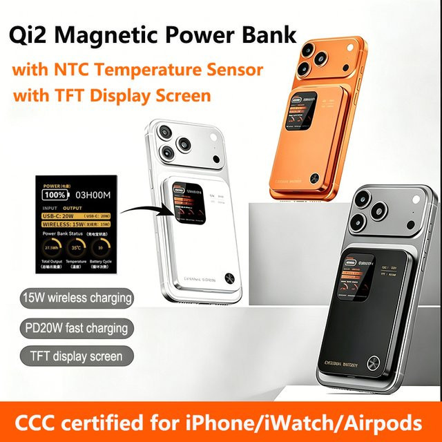 Qi2 Magnetische Powerbank mit NTC-Temperatursensor und TFT-Bildschirm, Kabelloses Schnell-Ladegerät für MagSafe, iPhone und iWatch, Schwarz - Bild 1