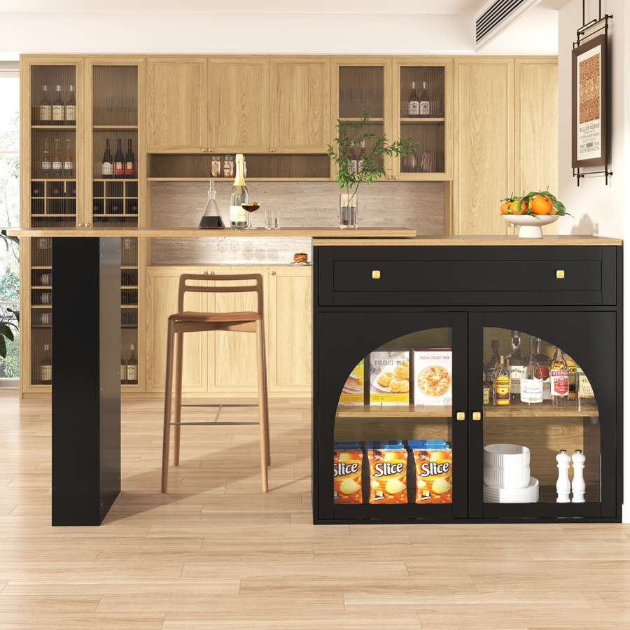 Ausziehbarer Bartisch FC in Schwarz mit Stauraum, 360 Grad drehbare Essbar mit dreistufigem Seitenregal und Sicherheitsglas-Türen, B: 138-204 cm, T: 39 cm, H: 104 cm - Bild 2