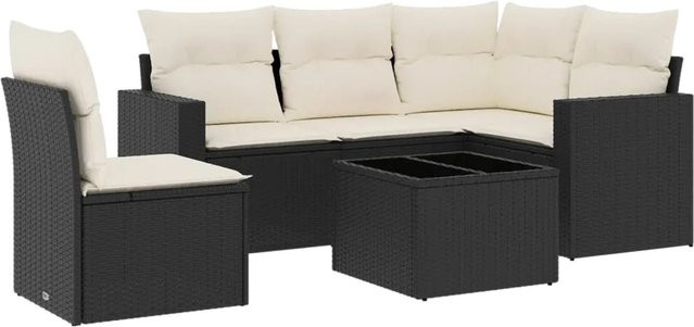 vidaXL 6-tlg Garten-Sofagarnitur in L-Form mit Polsterkissen und Couchtisch, Schwarz - Bild 1