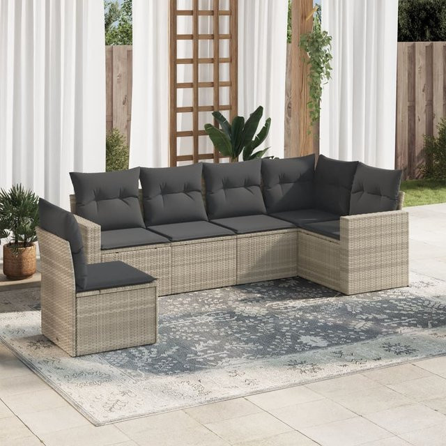 vidaXL 6-teiliges Garten-Sofagarnitur Set aus Polyrattan in Hellgrau mit UV-beständigen Kissen und Metallgestell - Bild 3