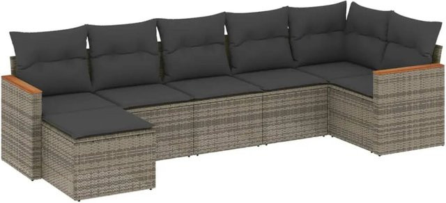 vidaXL 7-tlg. Garten-Sofagarnitur in L-Form aus Poly-Rattan mit Kissen in Grau - Bild 1