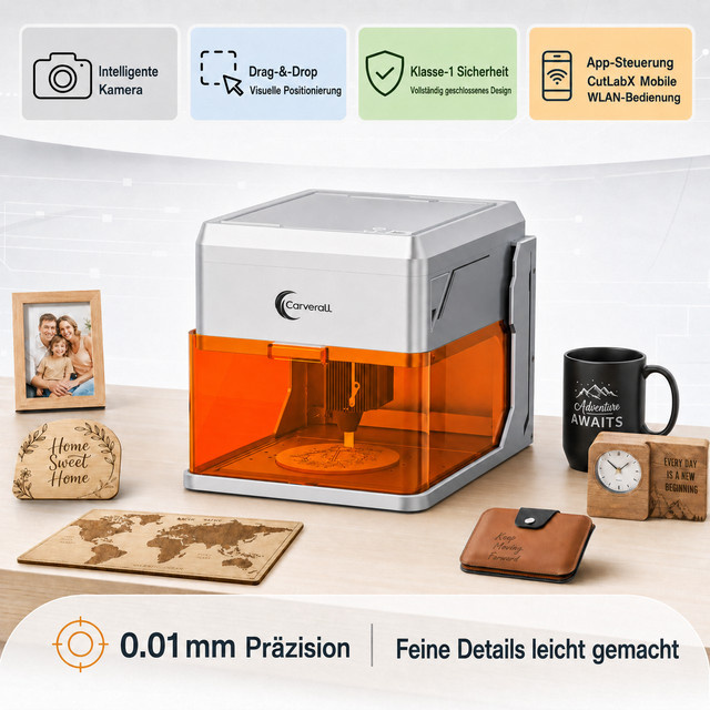 Carverall A1PRO Lasergravurmaschine mit HD Kamera, Klasse 1 Geschlossener Lasercutter, 5W/10W, WiFi App, für Holz, Leder und lackiertes Metall - Bild 1