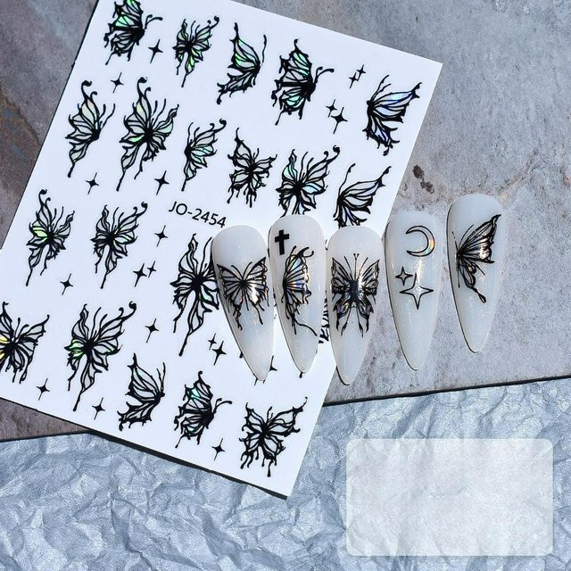 OTRESS Nagelaufkleber, Schwarz-Silber, Schmetterling-Herz-Stern, Glänzend - Bild 1