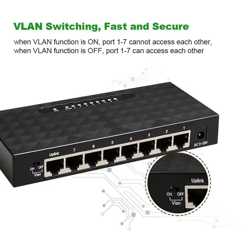 KuWFi Gigabit Netzwerk-Switch mit 8 Ports und 1000 Mbit/s, Smart RJ45 LAN Hub in Schwarz - Bild 2