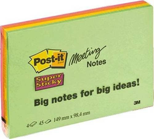 Post-it Haftnotizen Super Sticky Meeting Notes in Neongrün, Neonorange, Ultrapink und Ultragelb, 180 Blatt, B: 14,9 cm, H: 9,8 cm - Bild 1