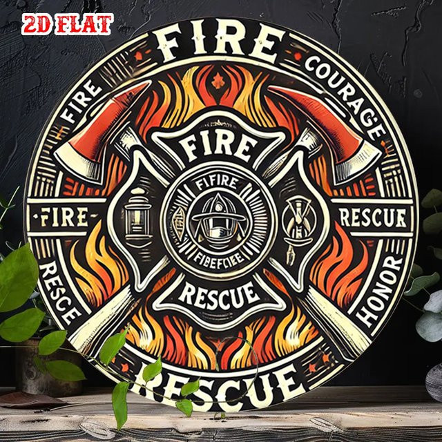 Potdemiel Rundes Aluminium-Wandschild Feuerwehrmann-Rettung im Vintage-Design, Durchmesser: 19,81 cm, Mehrfarbig - Bild 1