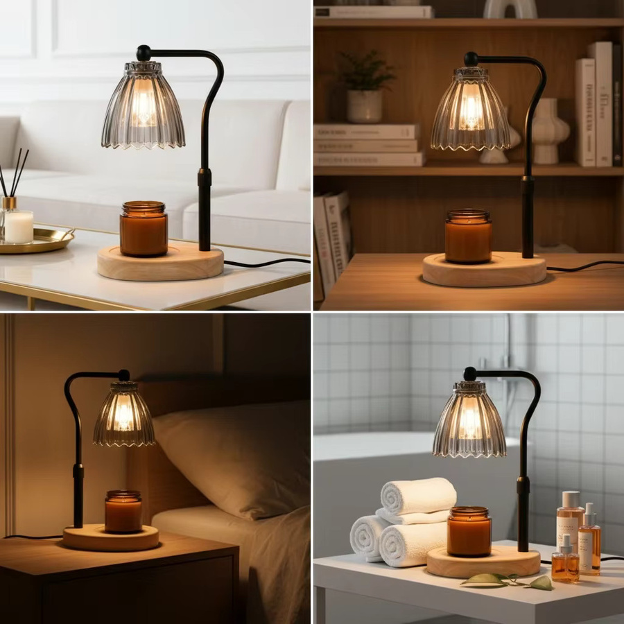Moderne dimmbare Kerzenwärmer Lampe aus Metall und Glas in Gold/Messing mit transparentem Dom als dekoratives Nachtlicht für Schlafzimmer und Home Office - Bild 4