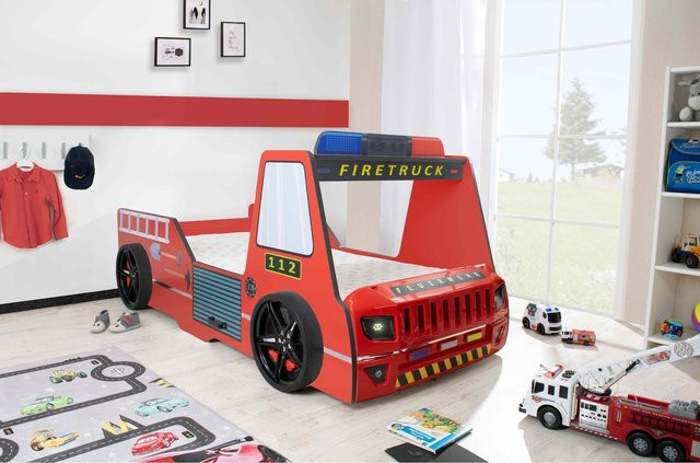 Aileenstore Kinder Autobett Rio Firetruck in Rot mit LED-Licht und Sirenenoptik, B/T/H: 90 x 200 cm - Bild 1