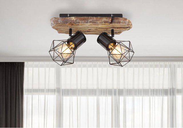 Globo Strahler Priska 2-flammig Schwarz Matt Metall und Holzoptik E27 B/H/T: 38,5 x 12,0 x 23,0 cm - Bild 1