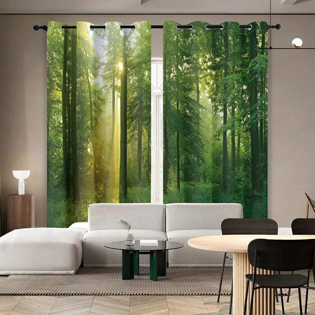 2er-Set hochverdunkelnde Vorhänge mit grünem Wald-Print, doppelseitig matt, Polyester, B: 264 cm, H: 160 cm - Bild 1