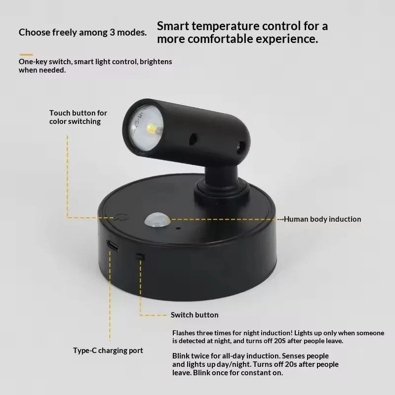 YJMP Super Lighting Kabellose LED Wandleuchte mit magnetischer Basis, USB-wiederaufladbar, dimmbar mit Touch-Schalter, Schwarz - Bild 6