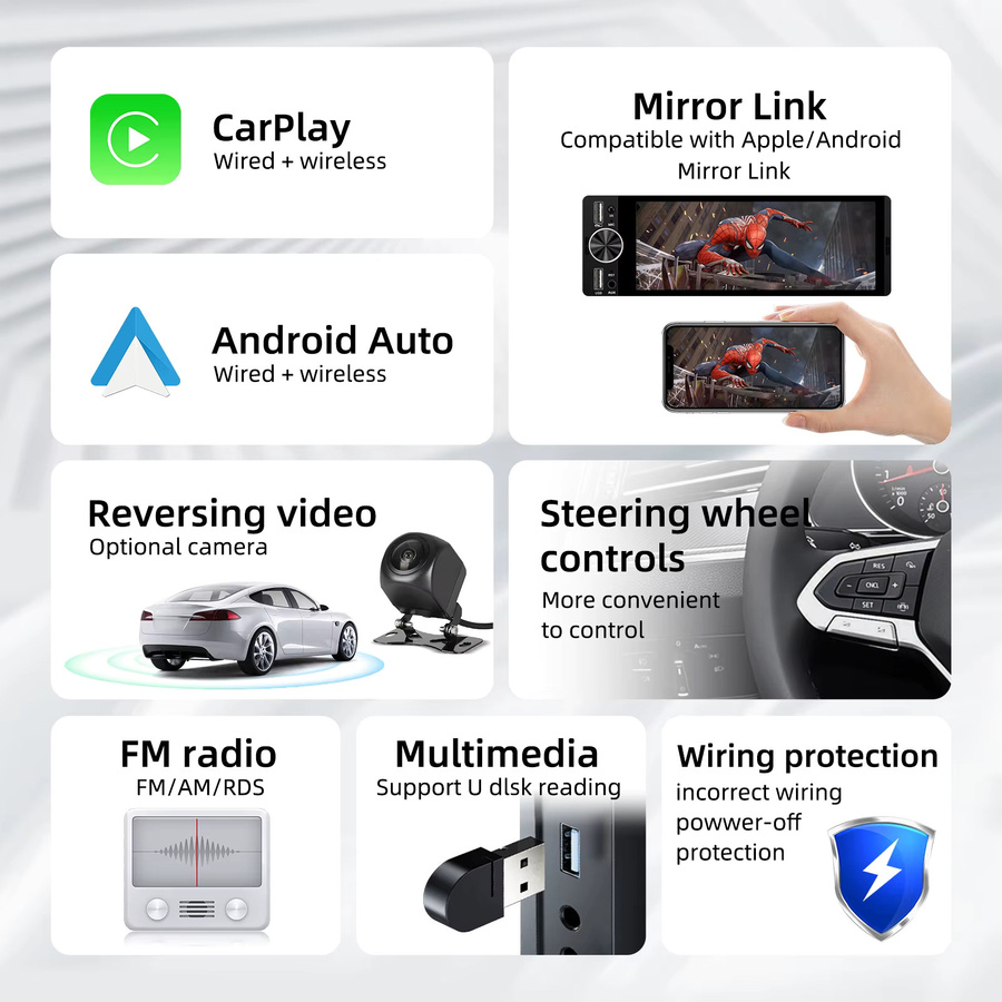 EzoneTronics Universal 1Din Smart Multimedia Player mit 6,36 Zoll Touchscreen, Wireless CarPlay, Android Auto und Bluetooth in Schwarz - Bild 2