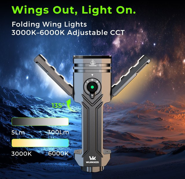 Wurkkos HD02 Wiederaufladbare Taschenlampe in Schwarz mit 3200 Lumen, Spotlight, UV-Licht und Seitenlicht, IPX6 wasserdicht, für Camping und Angeln - Bild 1