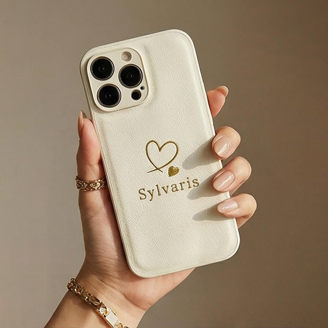 Personalisierte Kunstlederhülle für Apple iPhone in Beige mit graviertem Herz und Buchstaben in Heißgoldfolie - Bild 1