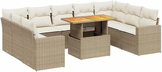 vidaXL 10-tlg. Garten-Sofagarnitur in L-Form aus Polyrattan und Akazienholz mit Kissen in Beige-creme - Bild 1