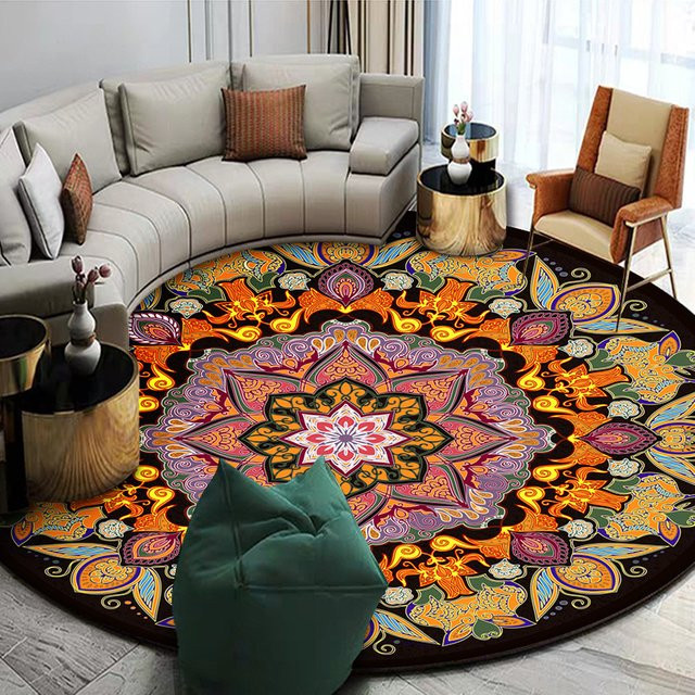 Runder Teppich im Boho-Ethno-Stil mit floralem Design in Multicolour, rutschfeste Matte für Wohnzimmer und Schlafzimmer - Bild 1