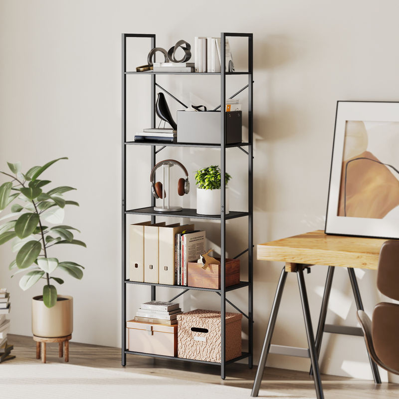 HOMCOM Bücherregal mit 5 Ebenen im industriellen Design, Standregal mit Metallrahmen in Schwarz, B/T/H: 60 x 30 x 170,5 cm - Bild 2