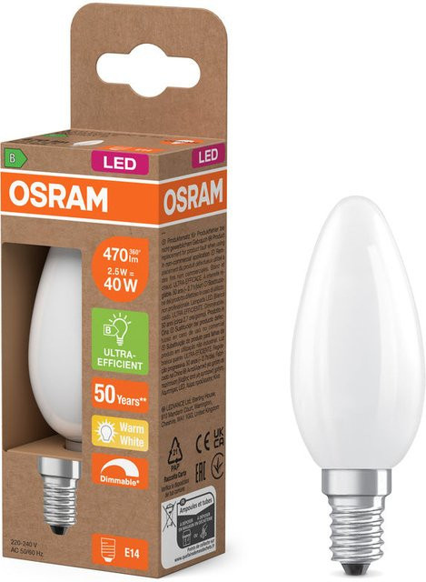 Osram LED Classic B Energy Efficiency LED-Lampe E14, 2,5 W, 470 lm, 2700 K Warmweiß, dimmbar, matt, Glas, Durchmesser: 35,00 mm, Höhe: 35,00 mm - Bild 2